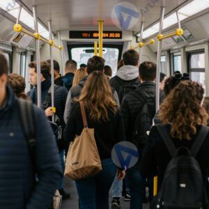 Заполненный трамвай в утренний час пик