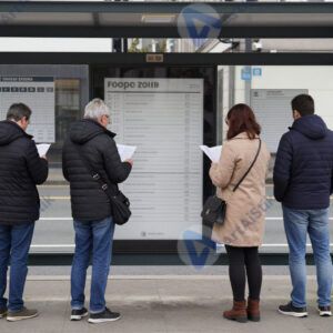 Люди стоят на автобусной остановке