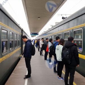 Люди стоят в очереди на посадку в поезд дальнего следования.