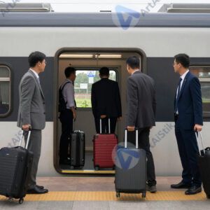 Люди с чемоданами садятся в электричку на вокзале.