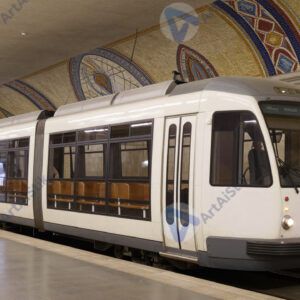 Туристический трамвайчик с открытым верхом в европейском городе.