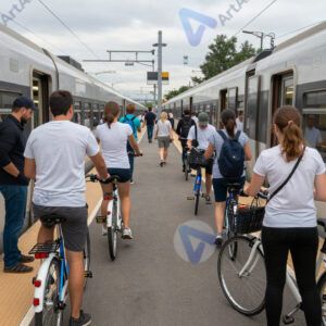 Пассажиры с велосипедами заходят в пригородный поезд.