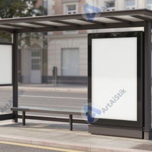 Автобусная остановка с прозрачным павильоном и рекламным плакатом.