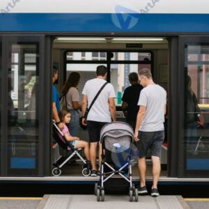 Люди входят в трамвай через широкие двери