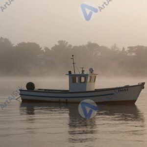 Маленькая рыбацкая лодка в утреннем тумане на реке.