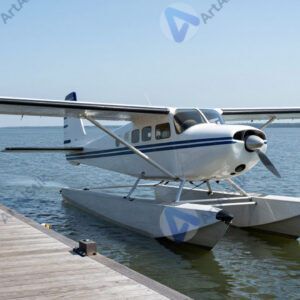 Гидросамолёт на плаву у деревянного пирса.