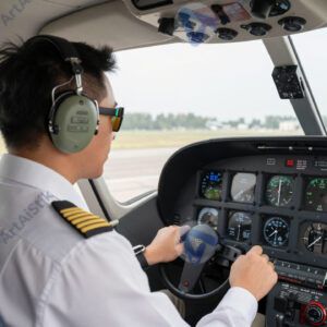 Пилот в наушниках смотрит на приборы в маленьком самолёте.