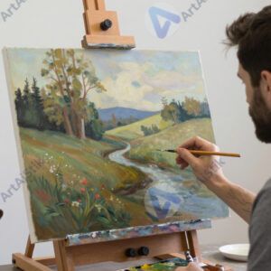 Художник у мольберта пишет пейзаж маслом.