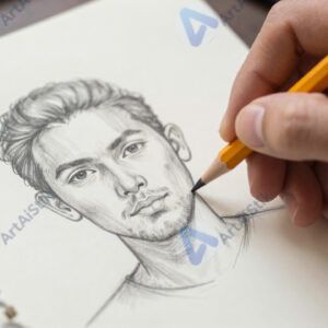 Рука с карандашом рисует портрет в блокноте крупным планом.