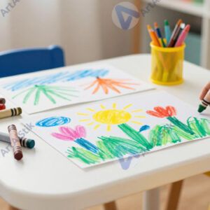 Детский стол с восковыми мелками и яркими рисунками.