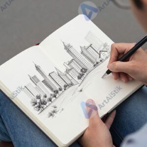 Художник рисует скетчи в городском скетчбуке