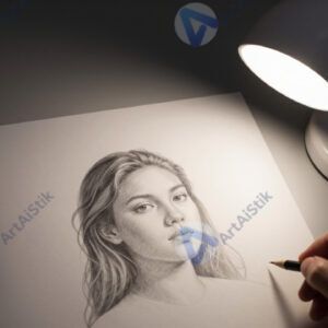 Настольная лампа освещает лист с карандашным рисунком.