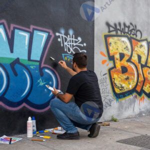 Художник рисует граффити на стене в разрешённом пространстве.