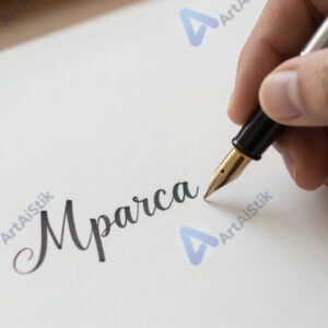 Рука с перьевой ручкой выводит каллиграфические буквы на бумаге.