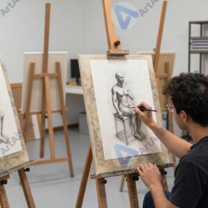 Художник рисует модель с натуры в студии