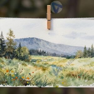 Акварельный пейзаж сушится на прищепках