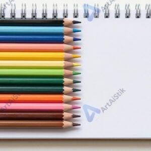 Цветные карандаши разложены градиентом по цветам рядом со скетчбуком.
