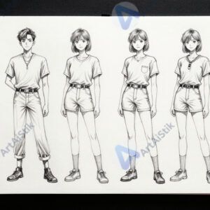 Страница скетчбука с разными позами персонажей.