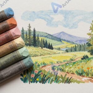 Набор пастели и рисунок пейзажа на шершавой бумаге.