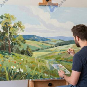 Художник рисует пейзаж акрилом на большом холсте.