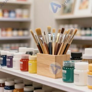 Витрина художественного магазина с кистями и красками.