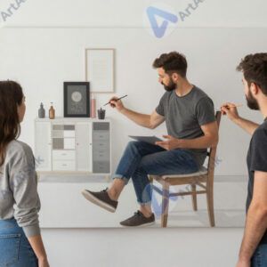 Два художника вместе работают над одной большой композицией.