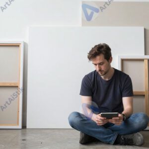 Художник сидит на полу мастерской