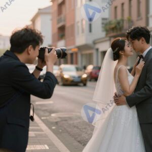 Фотограф снимает молодожёнов на улице в золотой час.