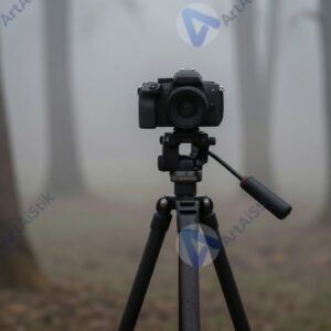 Фотоаппарат на штативе в лесу