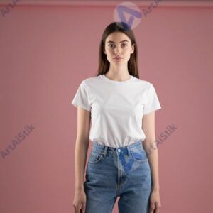 Модель позирует у цветного фона