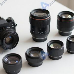 Фотоаппарат и набор объективов разложены на столе.