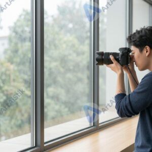 Фотограф снимает портрет с естественным светом у большого окна.