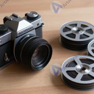 Плёночная камера и несколько катушек плёнки на деревянном столе.