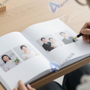 Фотограф показывает клиенту распечатанный фотобук с серией снимков.