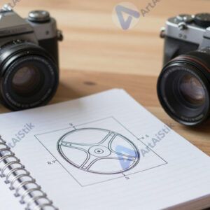 Фотоаппарат и блокнот с планом съёмки на столе.