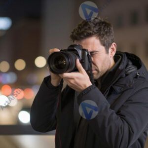 Фотограф снимает портрет на фоне городских огней (bokeh).