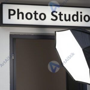 Табличка «Фотостудия» и вход с софтбоксом в дверном проёме.