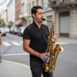 Уличный музыкант играет на саксофоне на углу улицы.
