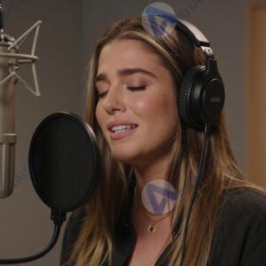 Певица с микрофоном в студии