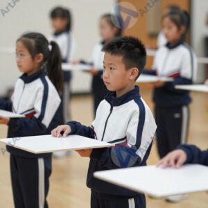 Дети играют на блокфлейтах в школьном ансамбле.