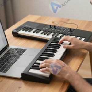 Музыкант с ноутбуком и MIDI‑клавиатурой пишет трек дома.