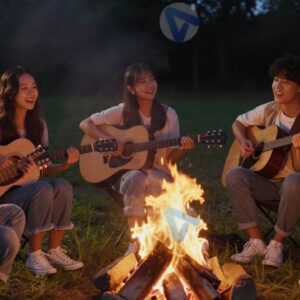 Группа друзей с гитарой у костра поёт песни.