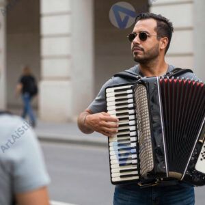Музыкант на улице с аккордеоном