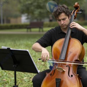 Музыкант в парке играет на виолончели