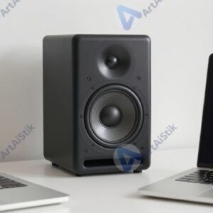 Студийный монитор (колонка) на столе рядом с ноутбуком.