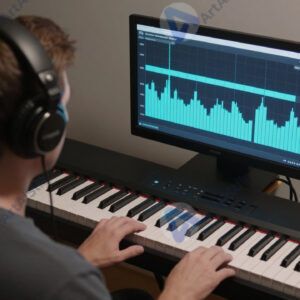 Музыкант в наушниках за цифровым пианино
