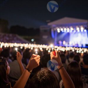 Публика держит зажигалки или фонарики на концерте