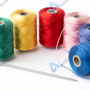 Набор разноцветных ниток и иголка на белом фоне.