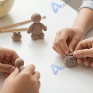 Детские руки лепят фигурки из полимерной глины на столе.
