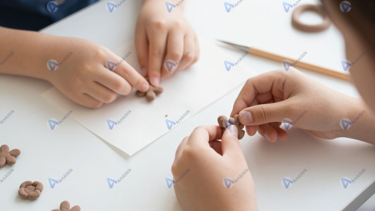 Детские руки лепят фигурки из полимерной глины на столе. Детские руки лепят фигурки из полимерной глины на столе.